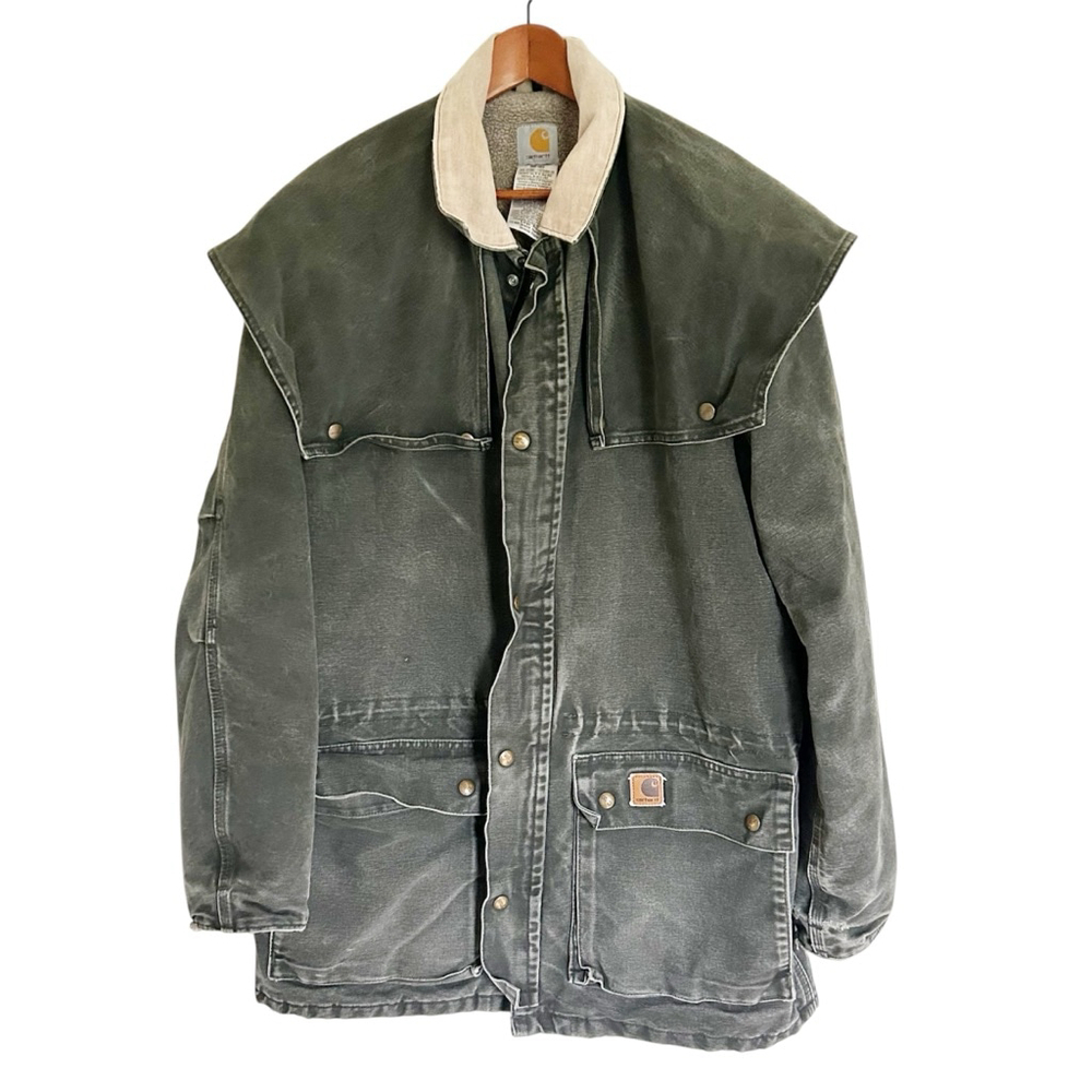 90’s Vintage Distressed Chore Jacket Carhartt Green Duster Jacket Size Large